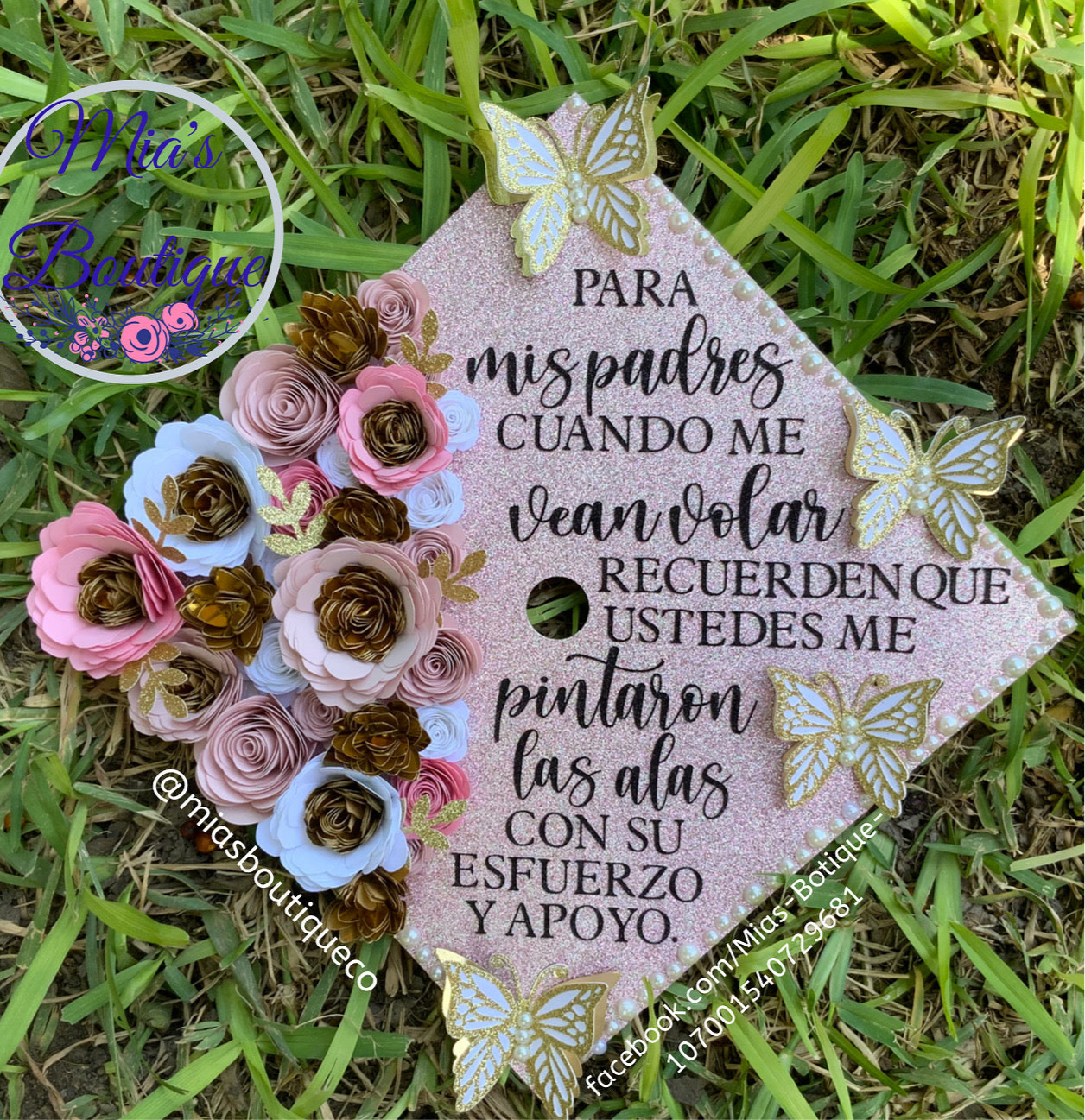 Custom Graduation Cap Topper pink gold flowers butterflies