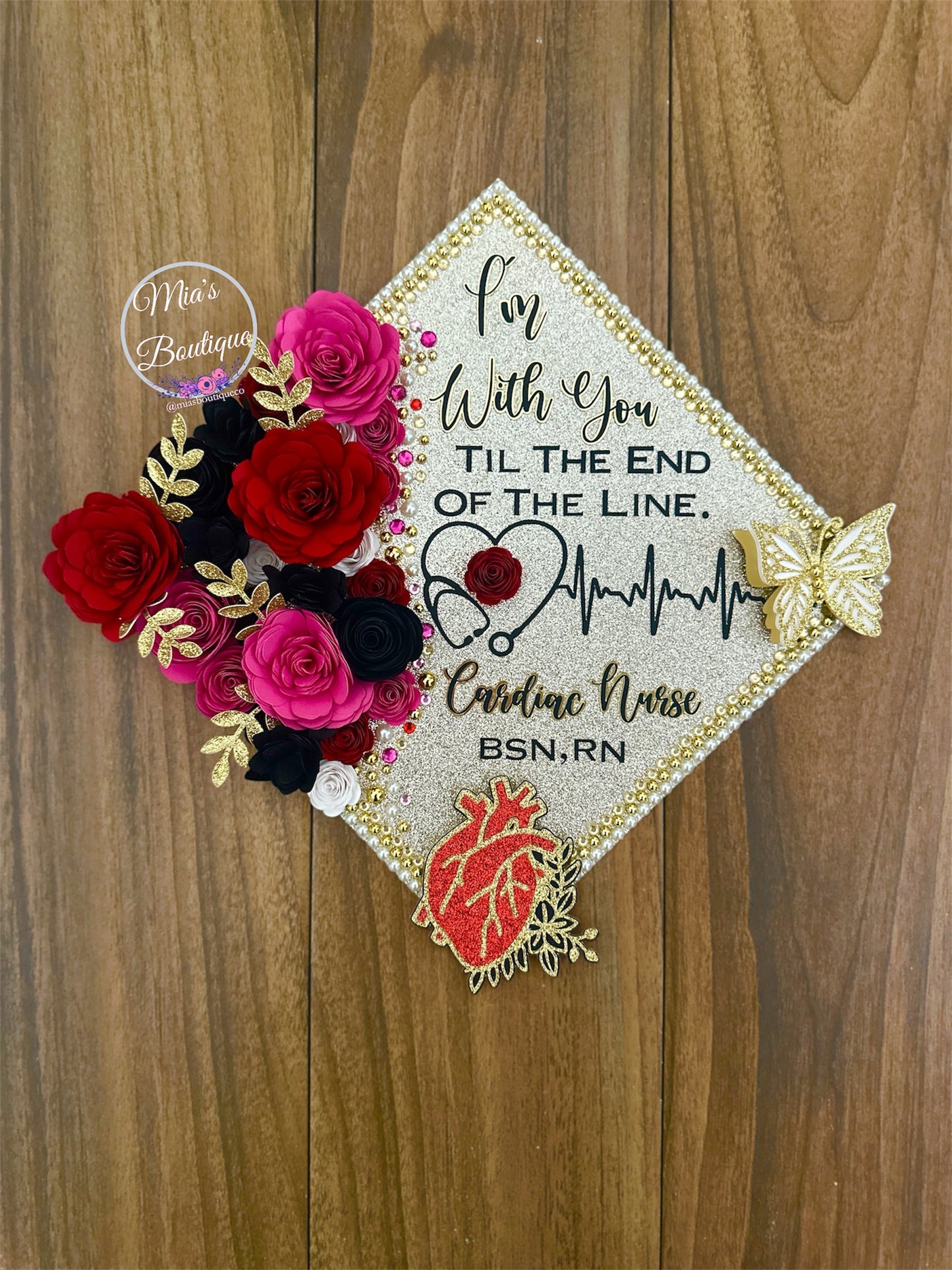 Custom Personalized Nurse Graduation Cap Topper Cardiac Nurse Heart Stethoscope Floral Sunflowers Black Pink White Gold Flowers Gold Butterfly