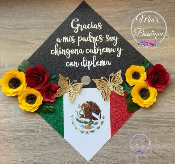 Custom Personalized Mexican Graduation Cap Topper Mexico flag Floral sunflowers gold butterflies Para Mis Padres