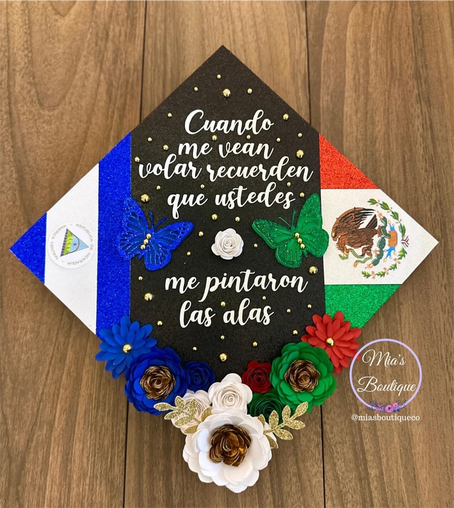 Custom Nicaragua Graduation Cap Topper Nicaraguan Floral Sunflower and gold butterflies