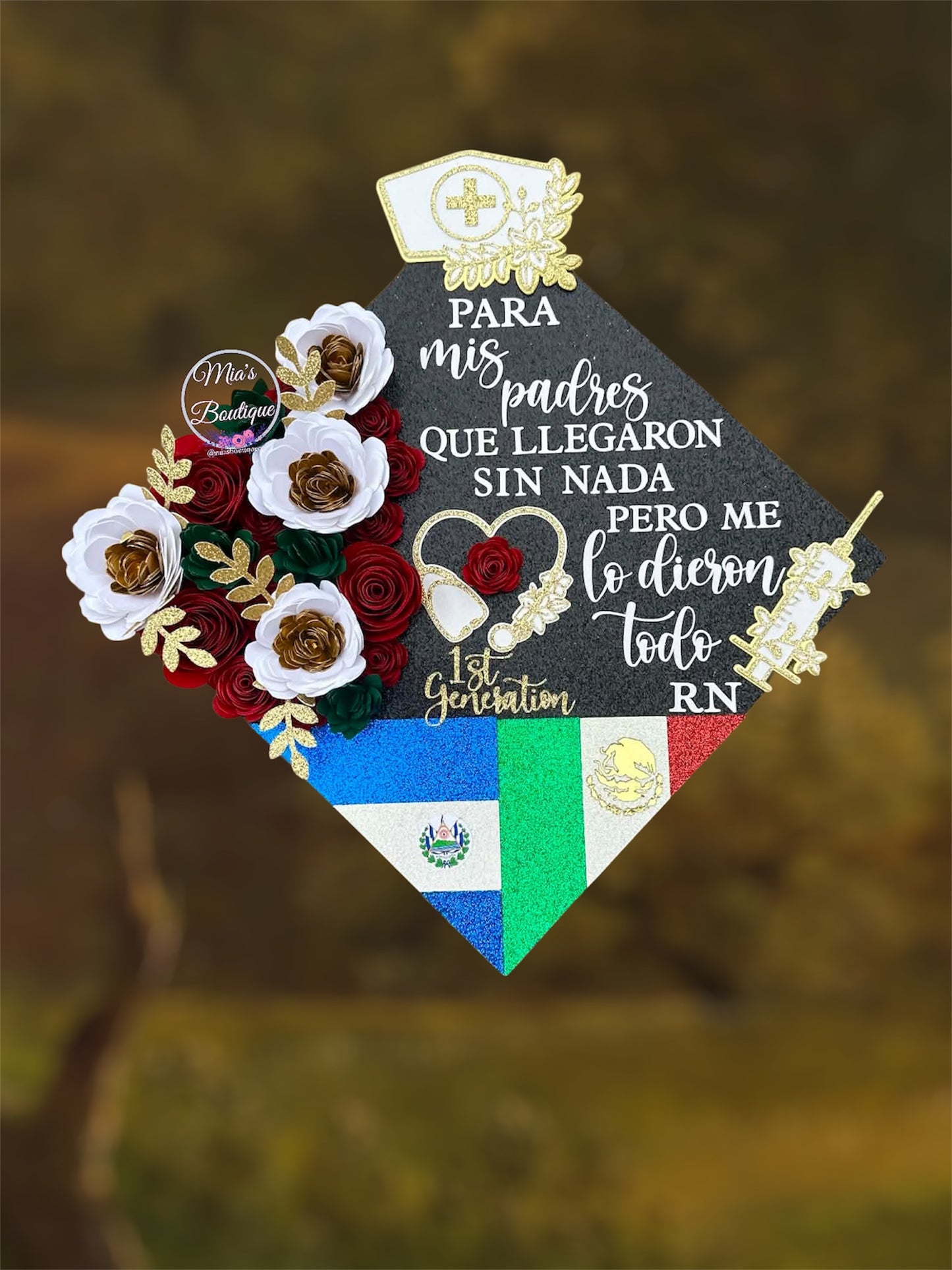 Custom Personalized El Salvador Graduation Cap Topper Salvador Flag Floral sunflower gold butterflies Para Mis Padres