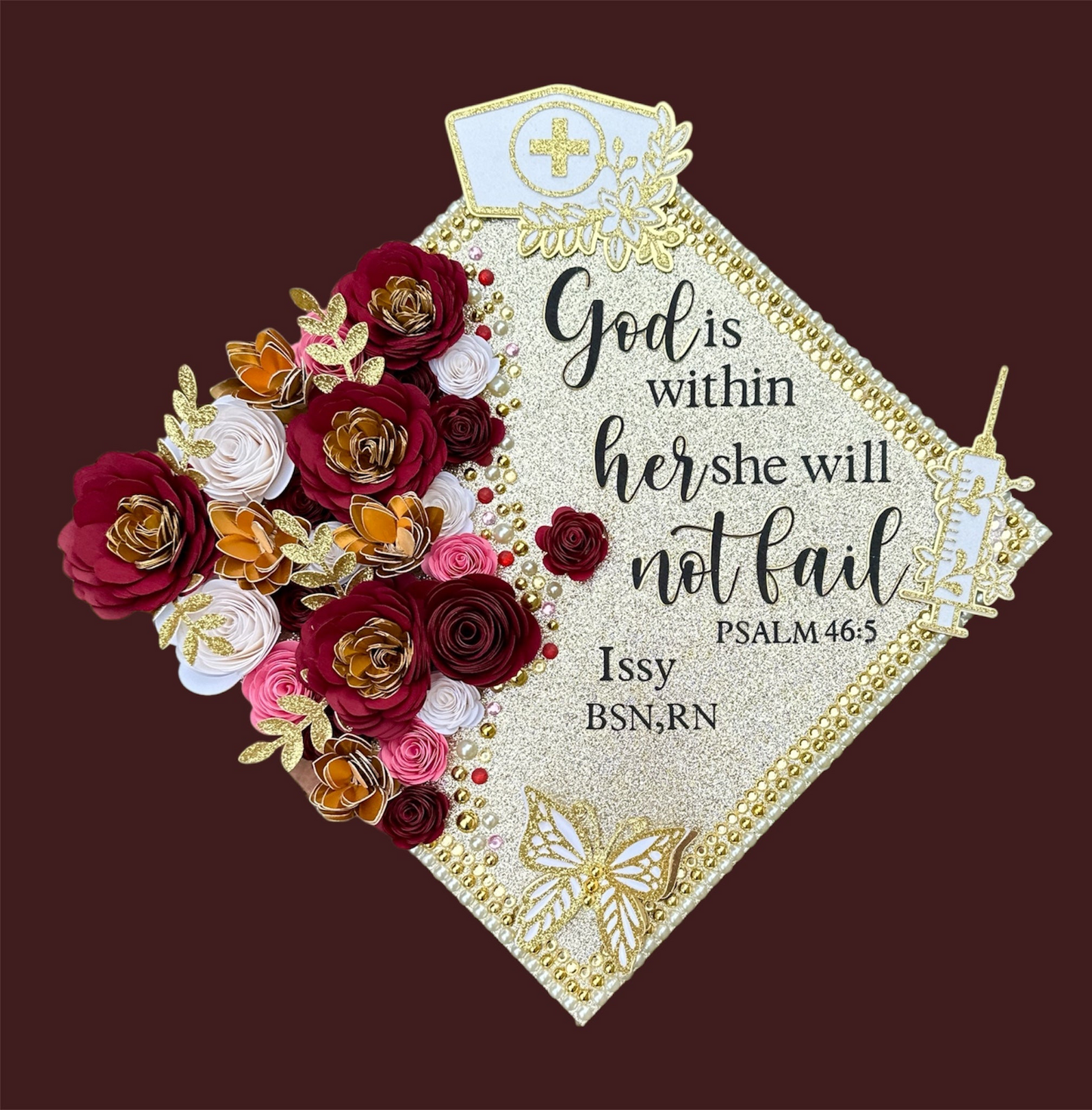 Custom Nurse Graduation Cap Topper Sunflowers Flowers Gold Butterflies Nurse Hat and Gold Syringe, Nurse Student Nurse Hat