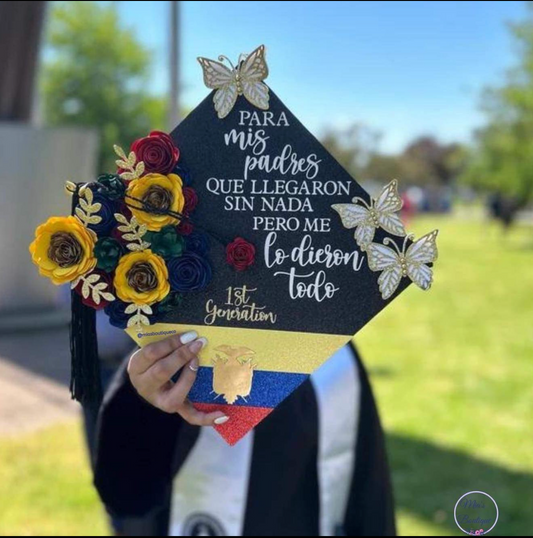 Custom Personalized Ecuador Graduation Cap Topper Floral sunflowers roses and gold butterflies