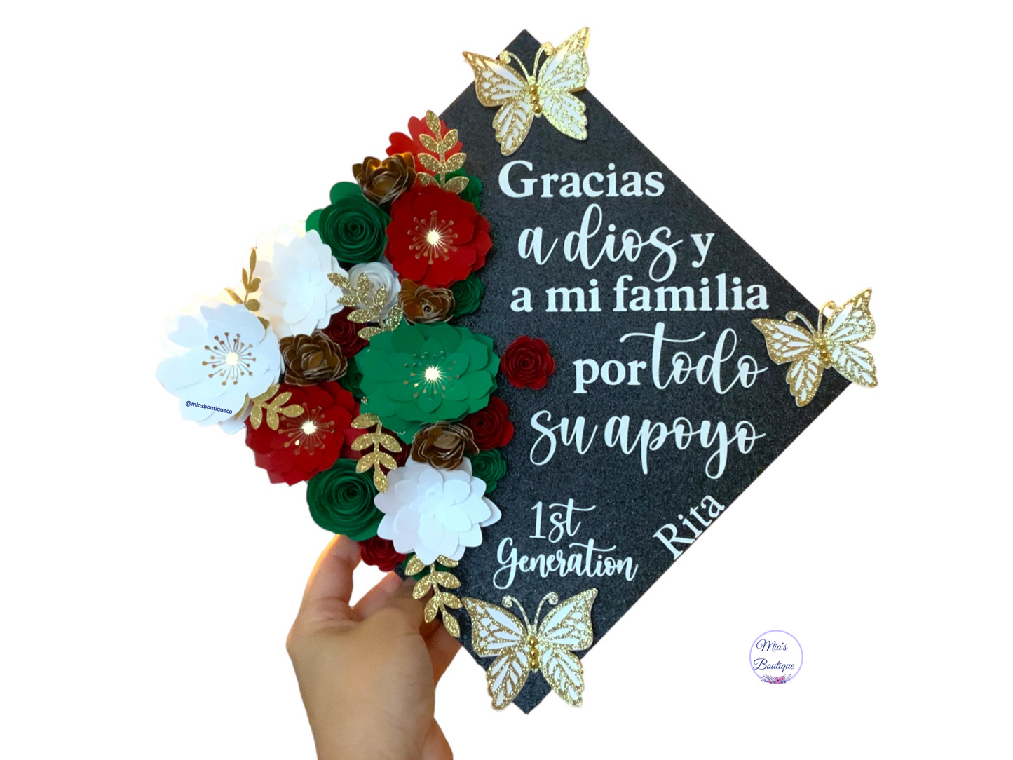 Graduation Cap Topper Mexican Heritage Colors Flowers Gold Butterflies 1st Generation Graduate