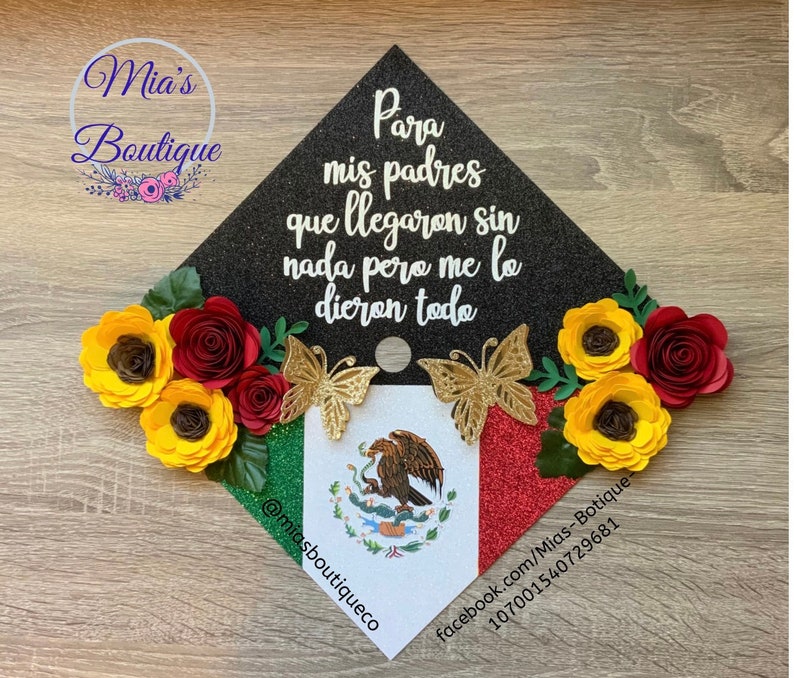 Custom Personalized Mexico Graduation Cap Topper Para Mis Padres with Floral Sunflower Mexican Grad Cap