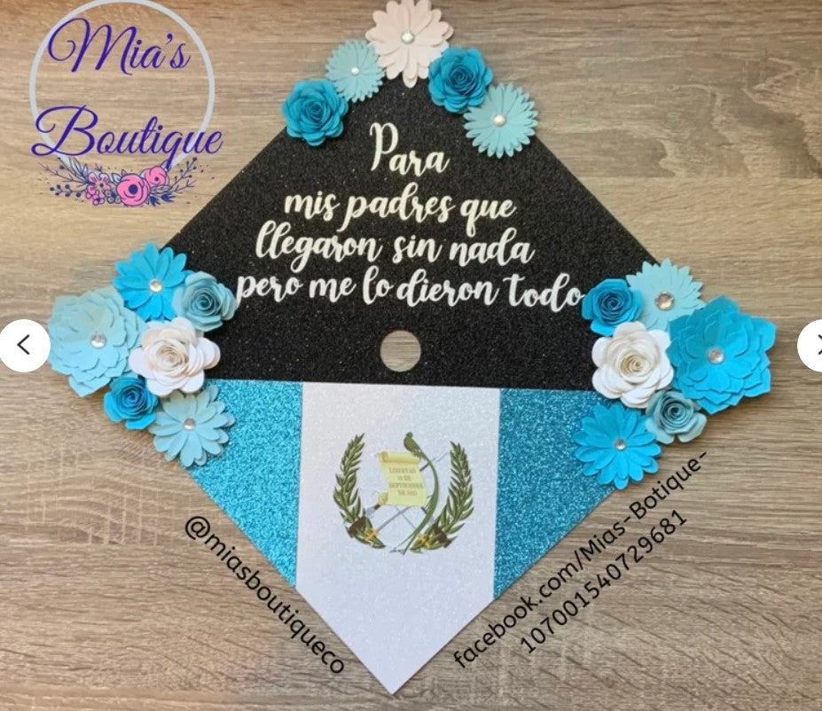 Custom Personalized Graduation Cap Topper Guatemala Floral sunflowers gold butterflies and Para mis Padres message