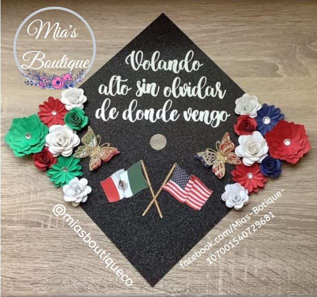 Custom Mexico and USA Graduation Cap Topper Sunflower Roses Gold Butterflies Para Mis Padres Hispanic Mexican Flag Graduation Cap Topper