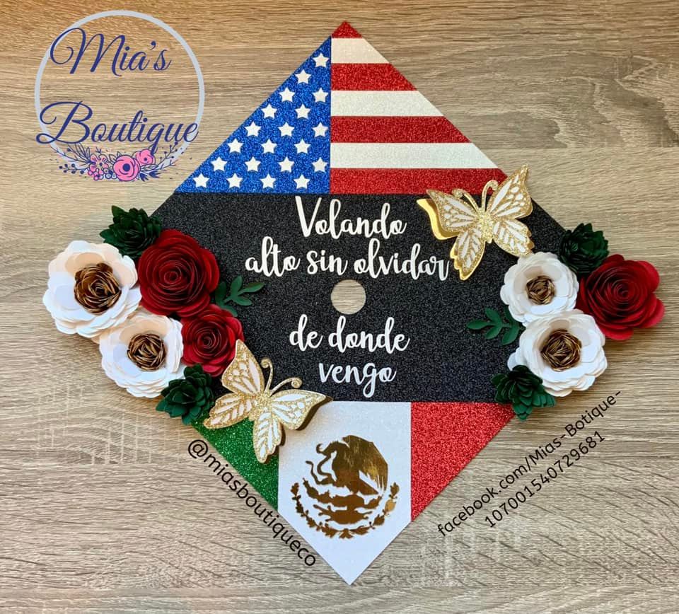 Custom Personalized Mexico & USA Graduation Cap Toper with Flowers sunflowers gold butterflies Volando alto sin olvidar de donde vengo message Mexican Flag heritage Graduation Cap Topper