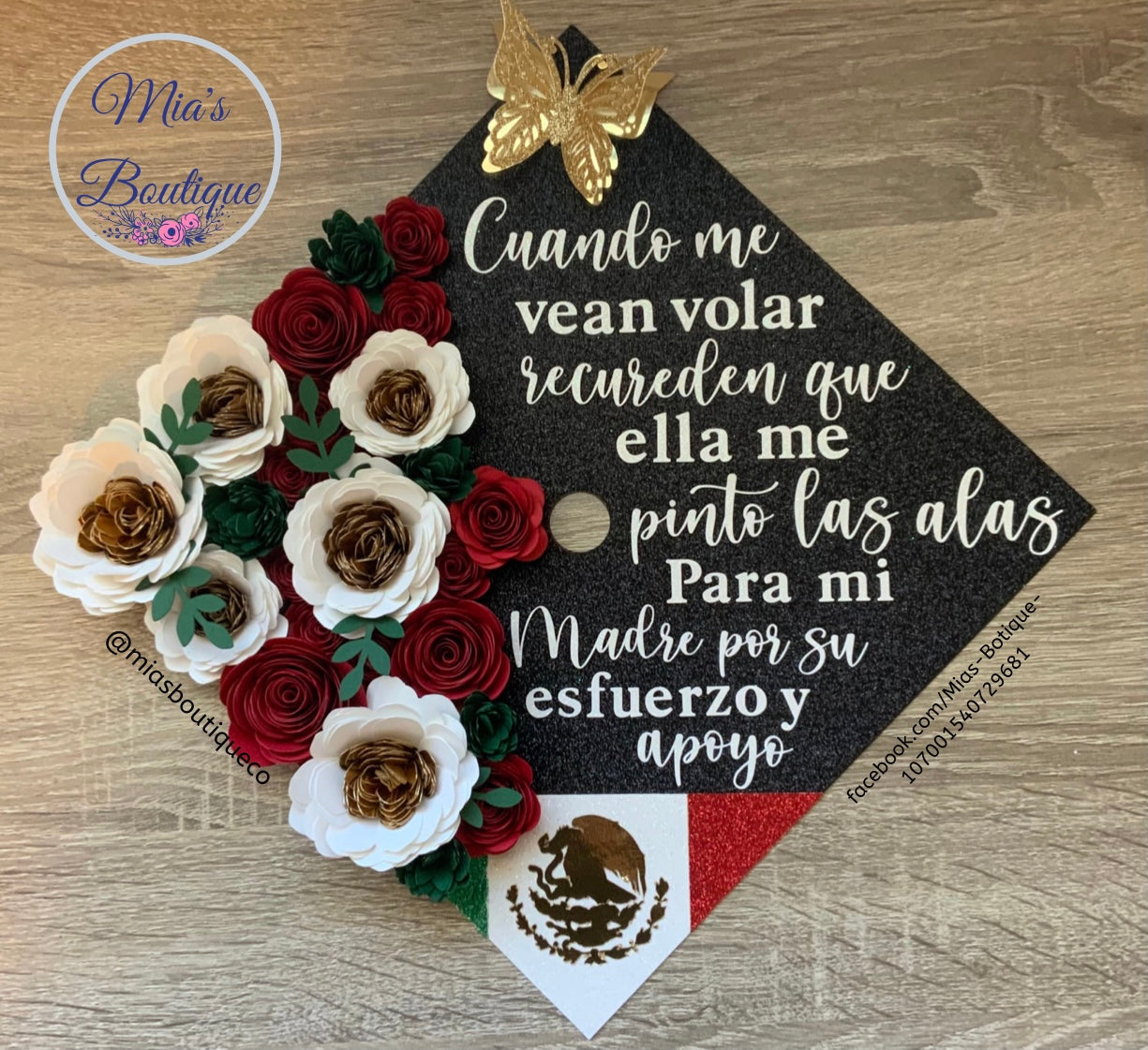 Custom Mexico Graduation Cap Topper Sunflower Roses Gold Butterflies Para Mis Padres Hispanic Mexican Flag Graduation Cap Topper