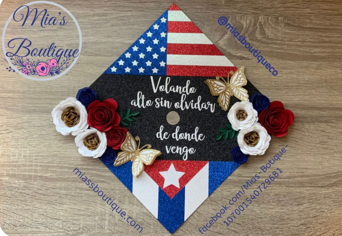 Custom Personalized Cuba Graduation Cap Topper Cuban Flag floral sunflowers Gold butterflies
