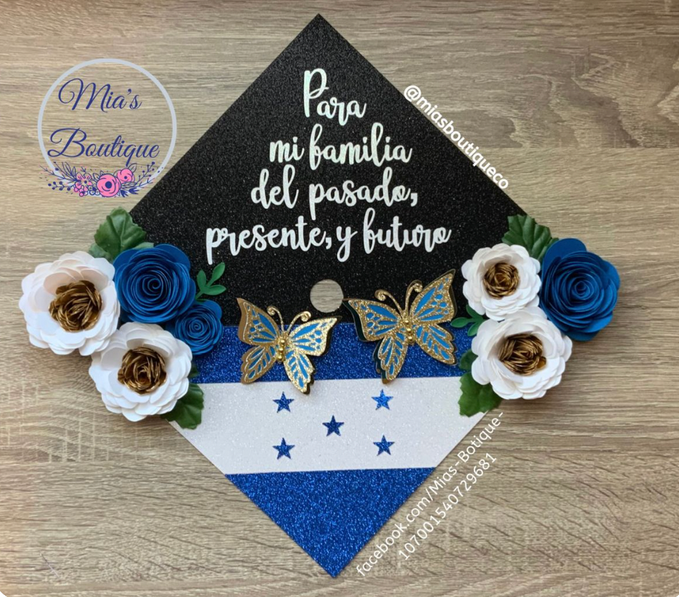 Custom Personalized Honduran Graduation Cap Topper Honduras Flag Floral sunflowers gold butterflies and Para mis Padres message