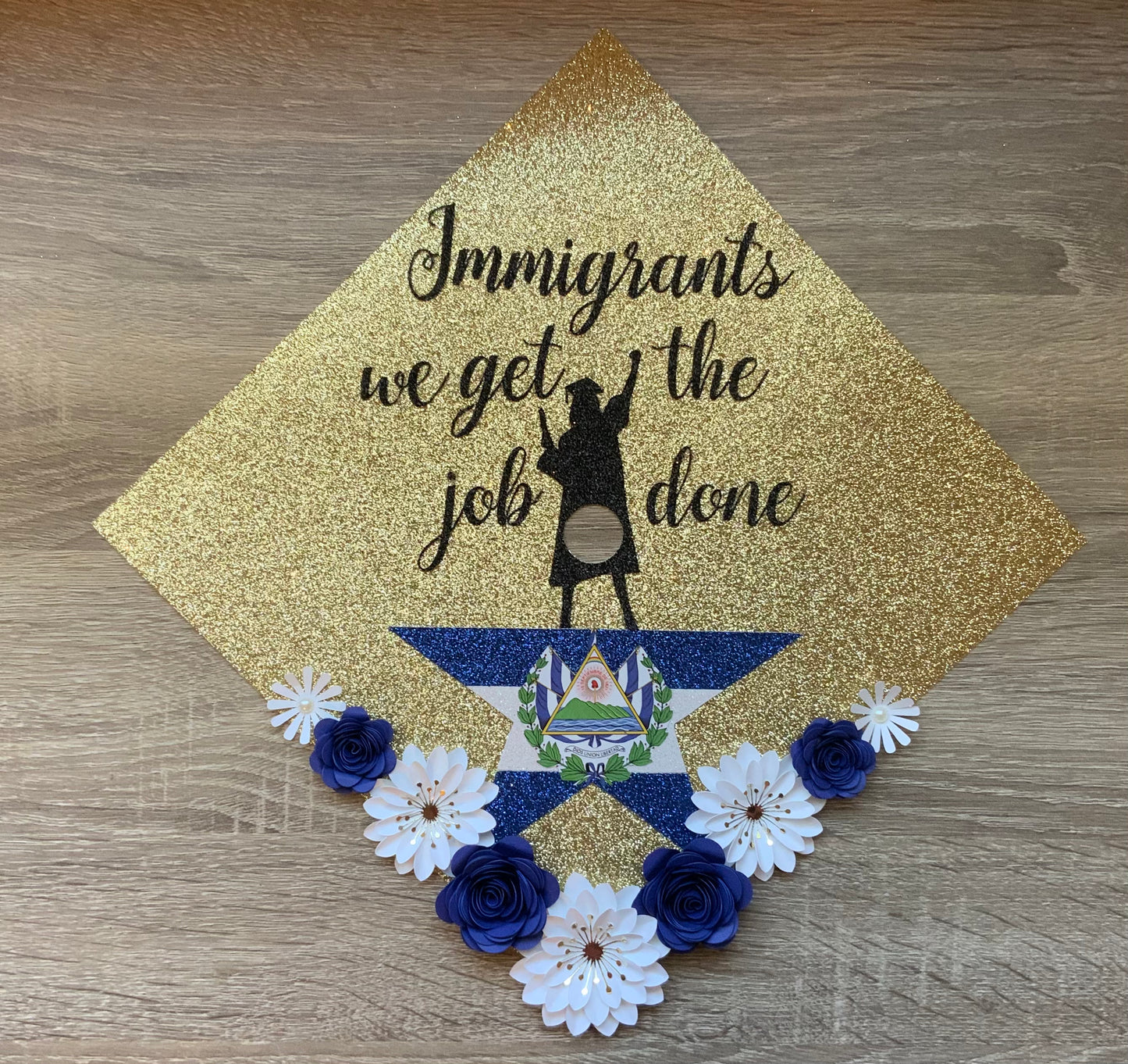 Custom Personalized El Salvador Graduation Cap Topper Salvador and USA Graduation Cap With Flowers and Gold Butterflies