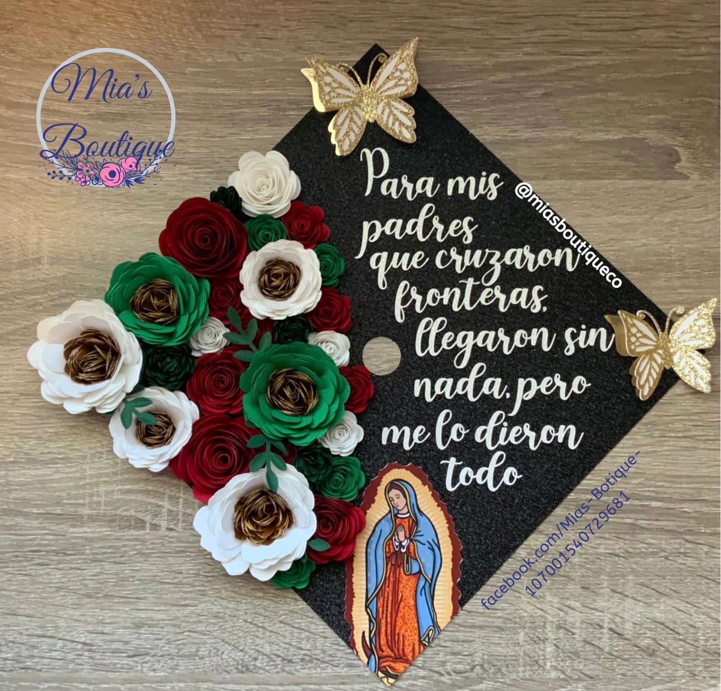 Custom Virgen de Guadalupe Graduation Cap Topper Sunflower Roses Butterfly Para Mis Padres
