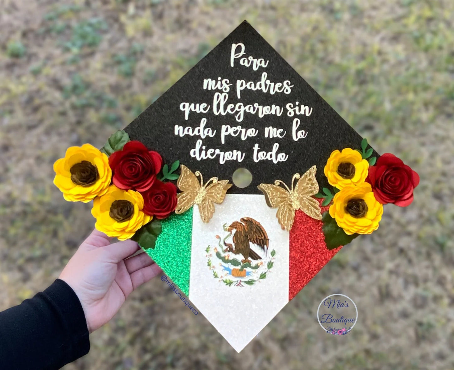Mexico Graduation Cap Topper Sunflower Roses Gold Butterflies
Para Mis Padres Mexican Heritage Graduation Cap Topper