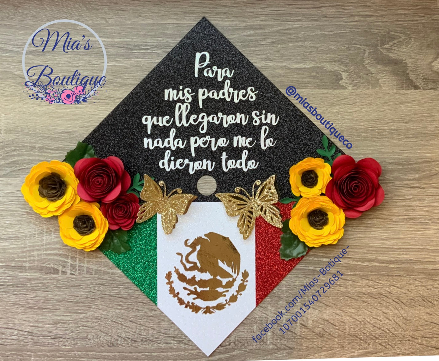 Custom Mexico Graduation Cap Topper Sunflower Roses Gold Butterflies Para Mis Padres Hispanic Mexican Flag Graduation Cap Topper
