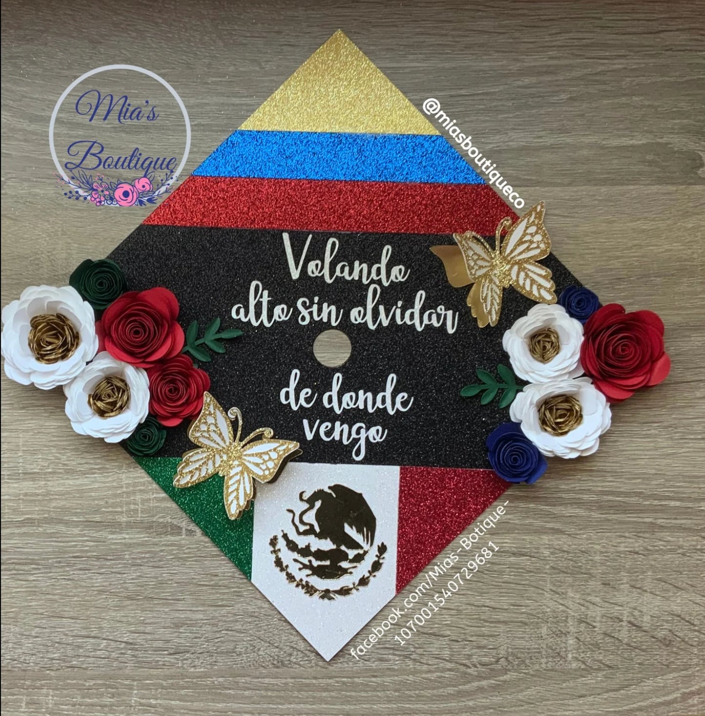 Custom Colombia Colombian Graduation Cap Topper Colombia Flag and Mexican Country Sunflower Roses Gold Butterflies