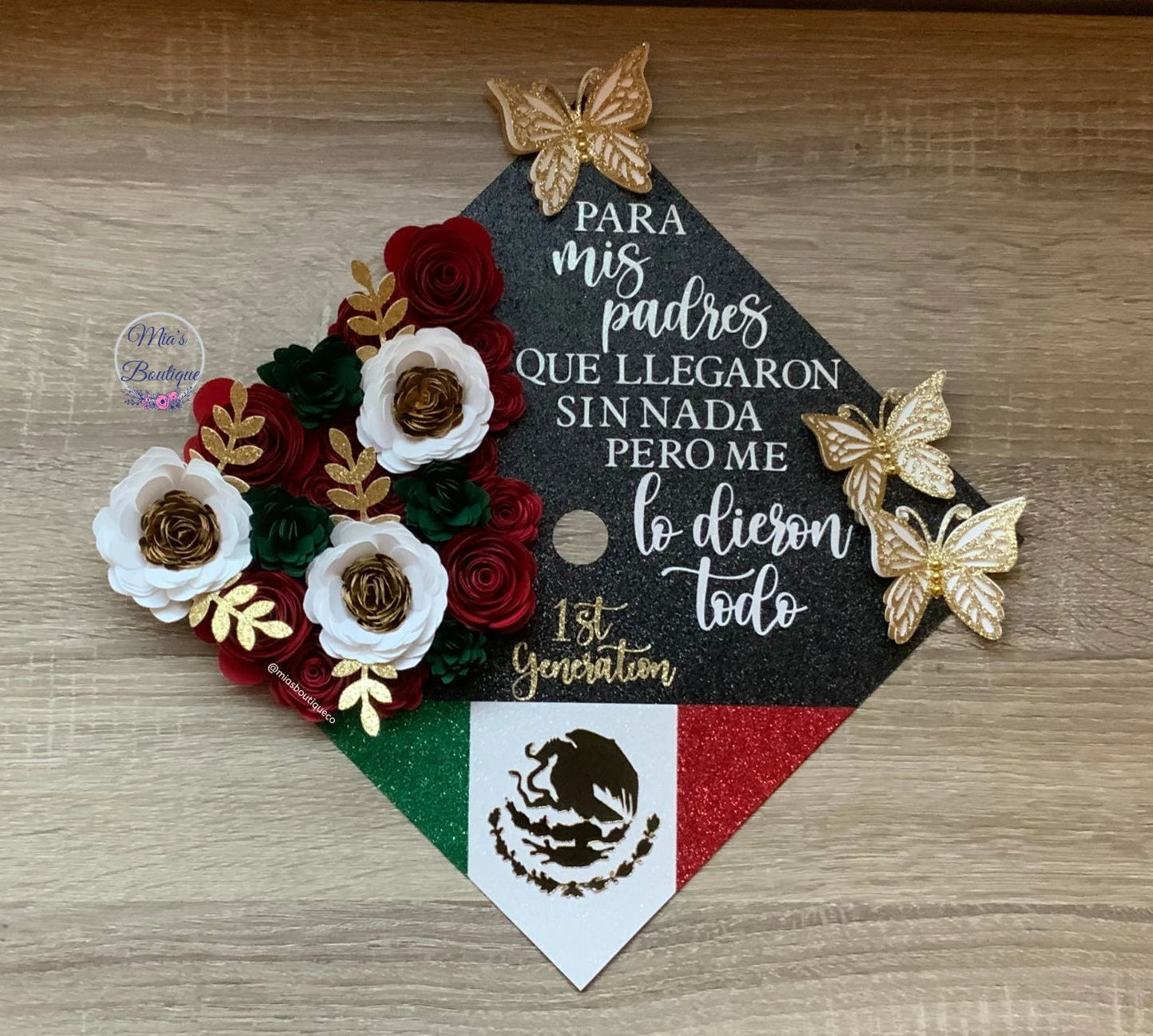 Custom Personalized Mexico Graduation Cap Topper Flowers Sunflowers Roses Gold Butterflies Para Mis Padres message