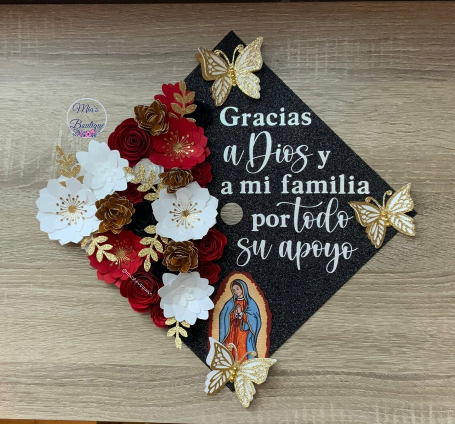 Custom Personalized Virgen de Guadalupe Graduation Cap Topper Para mis padres with Floral Sunflower Mexico Flag Mexican Heritage Graduation Cap Para Mis Padres Message