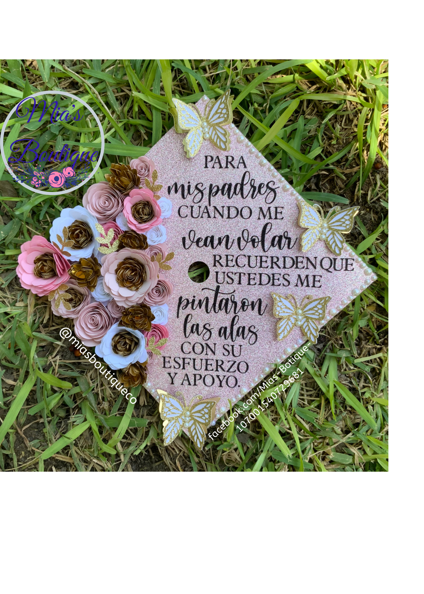 Graduation Cap Topper pink gold flowers butterflies
