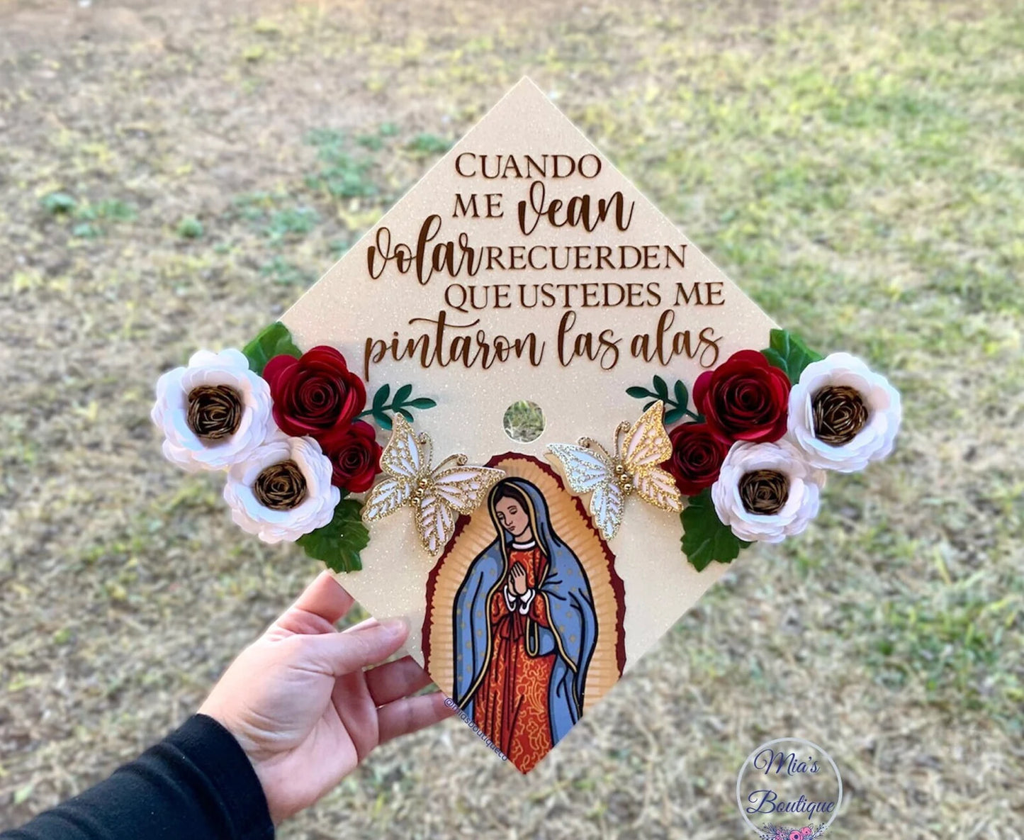 Virgen de Guadalupe Custom Graduation Cap Topper Para Mis Padres Floral Sunflower Roses
Mexican Hispanic Gold Butterflies