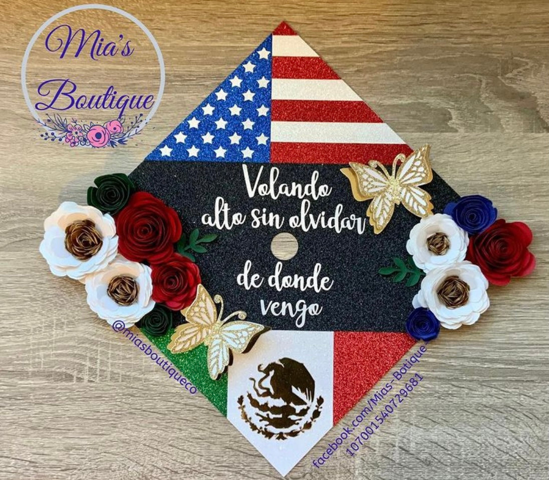 Custom Personalized Mexico & USA Floral Graduation Cap Topper Flowers Sunflowers Roses Gold Butterfly Para Mis Padres