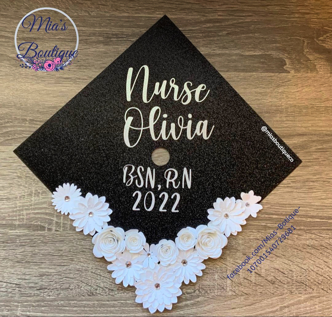 Custom Personalize Graduation Cap Topper Nurse Floral White and Black Sunflowers Nursing BSN RN