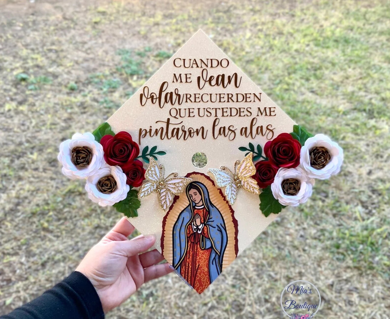 Virgen de Guadalupe Custom Graduation Cap Topper Para Mis Padres Floral Sunflower Roses Mexican Hispanic Gold Butterflies