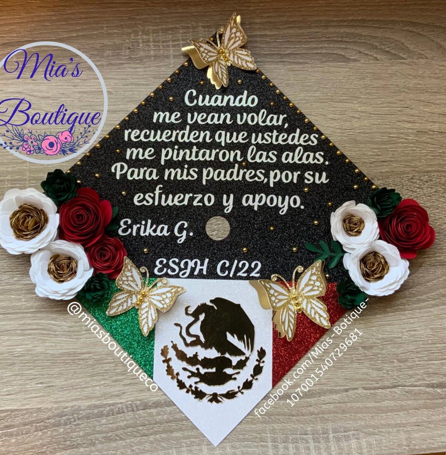 Custom Mexico Graduation Cap Topper Roses Sunflower Butterflies Cuando Me Vean Volar message Mexican Heritage Graduation Cap Topper