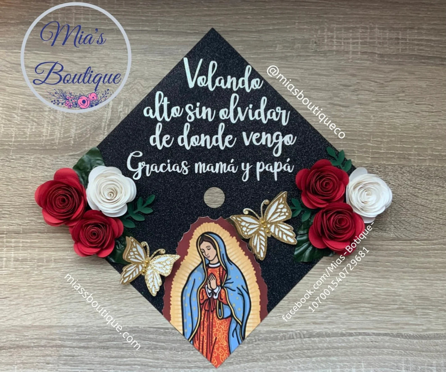 Custom Personalized Mexico Graduation Cap Topper Roses Virgen de Guadalupe