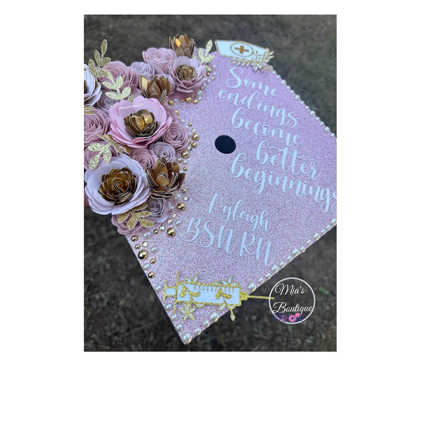 Custom Personalized Graduation Cap Topper Nurse Sunflowers Pink Flowers Gold Butterflies Nurse Hat and Gold Syringe, Nurse Student Nurse Hat