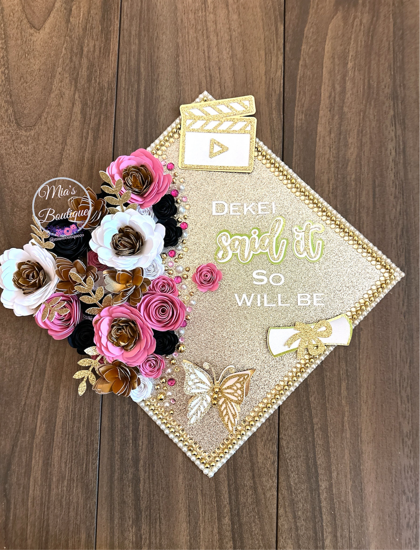 Custom Graduation Cap Topper Pink Black Floral Sunflowers Gold Butterfly