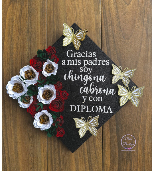 Custom Mexican Graduation Cap Floral Mexican Grad Cap Personalized Mexican Graduation Cap Floral Sunflower Flag Mexico Graduation Cap Chingona y con diploma  Custom Graduation Cap cover