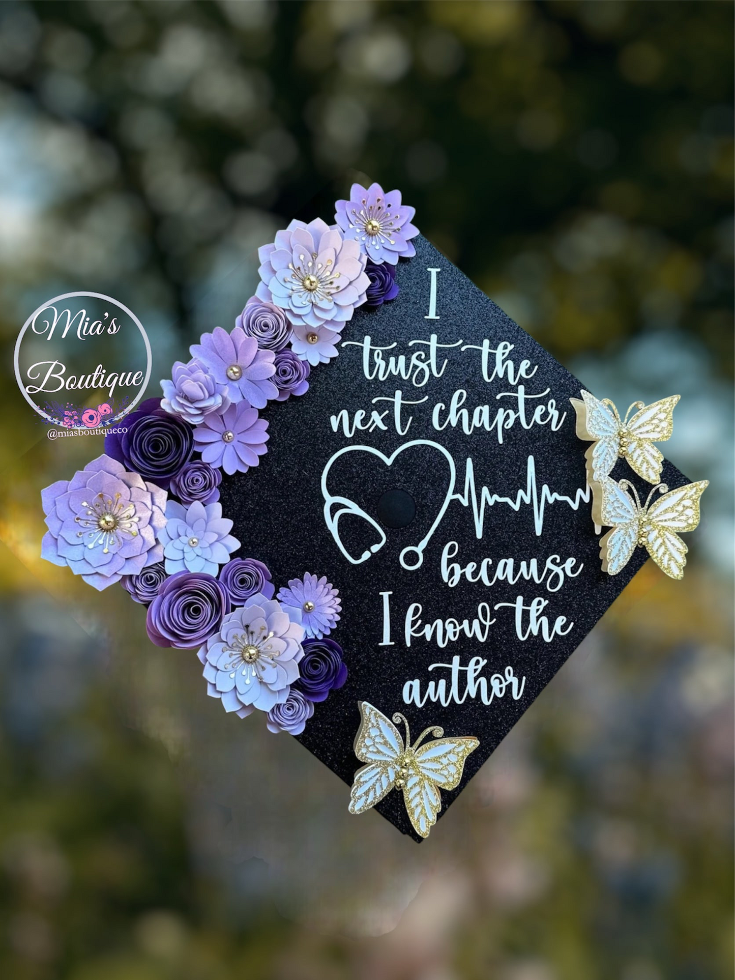 Custom Personalized Graduation Cap Topper Sunflowers Purple Roses flowers with gold butterflies