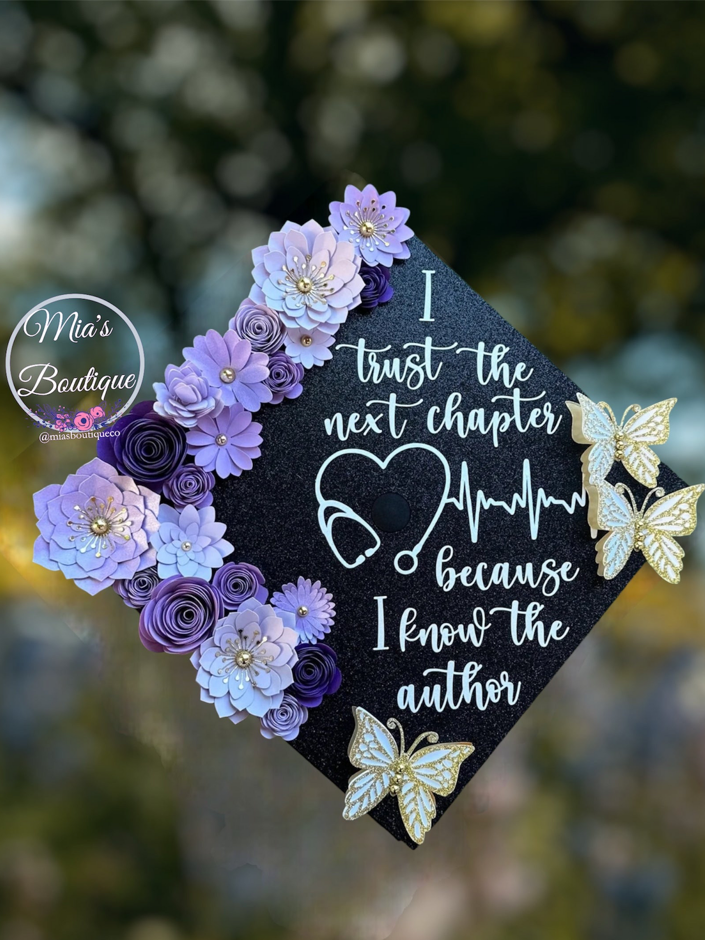 Custom Personalized Graduation Cap Topper Sunflowers Purple Roses flowers with gold butterflies