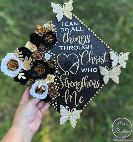 Custom Personalized Graduation Cap Topper Nurse White Black Flowers Gold Butterflies Nurse Student Grad Cap