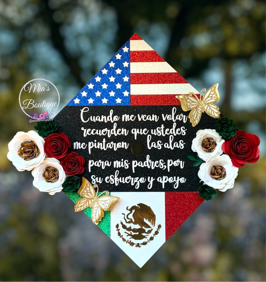 Custom Mexico Graduation Cap with Floral Sunflower Para Mis Padres Mexican Heritage Graduation Cap