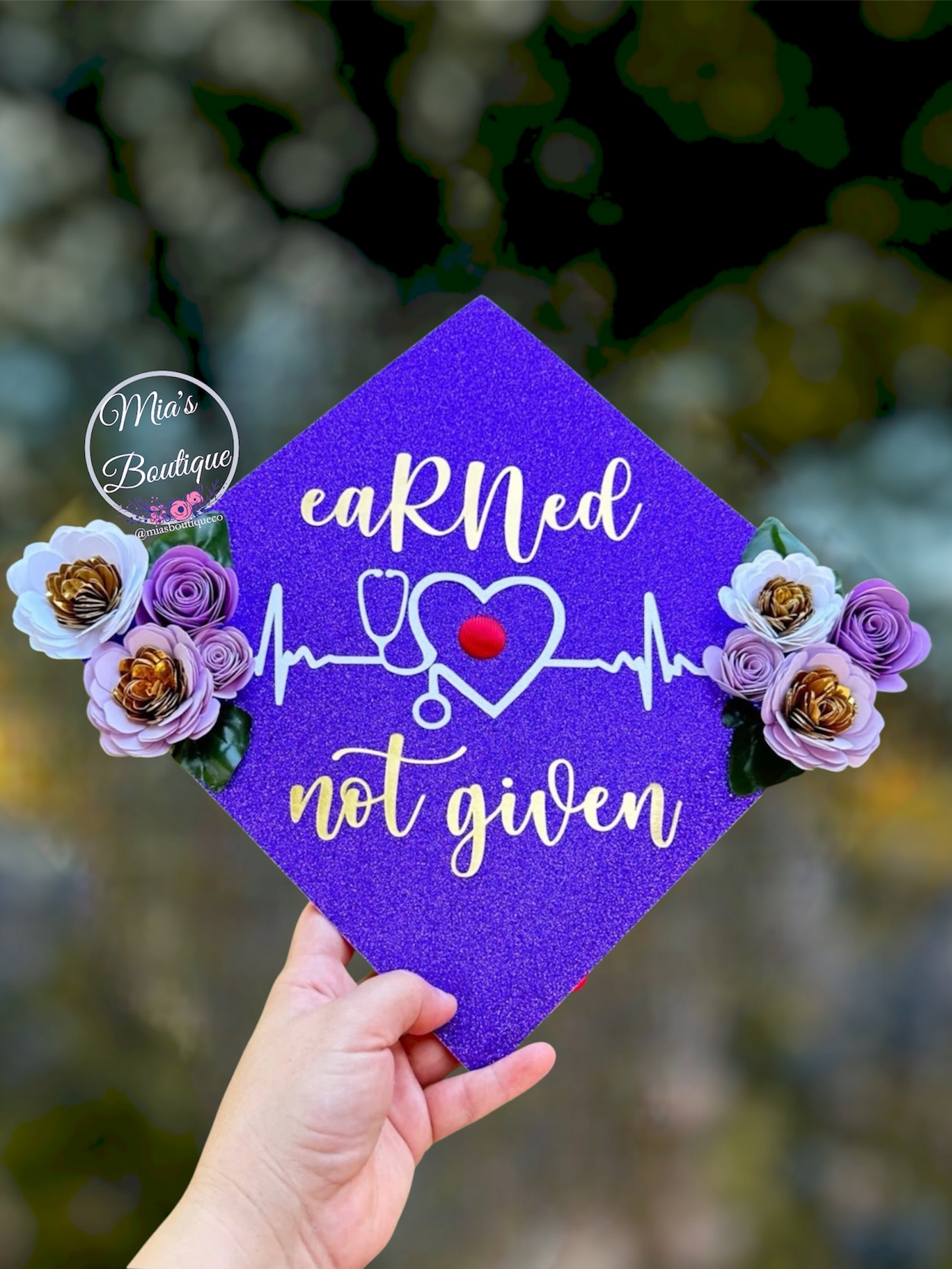Custom Personalized Graduation Cap Topper Purple Roses flowers with gold butterflies earned not given graduation cap