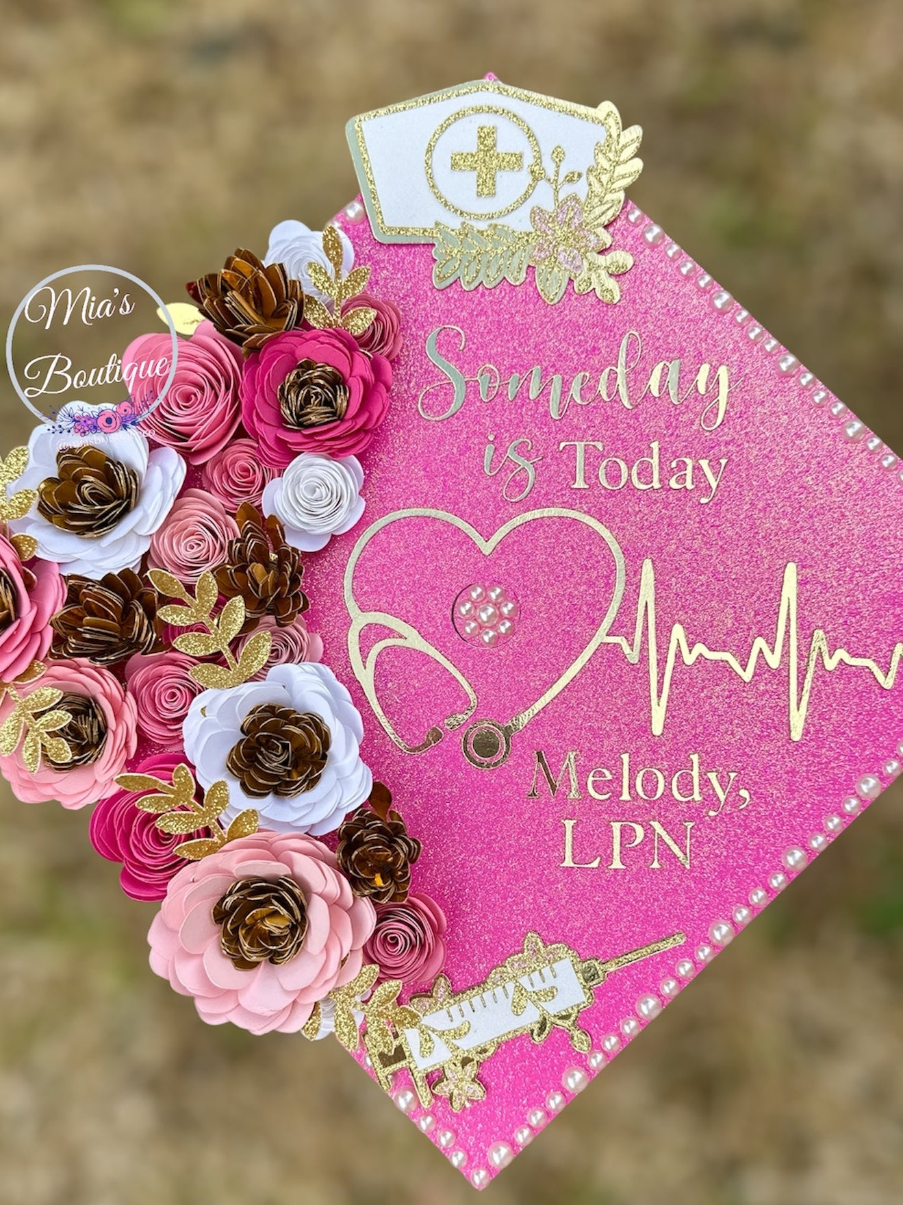 Custom personalized nurse graduation cap pink goldflowers sunflowers roses