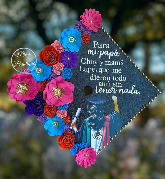 Custom Mexican Graduation Cap Topper Floral Colorful Sunflower Roses 
Mexican Flag Heritage Country Graduation Cap