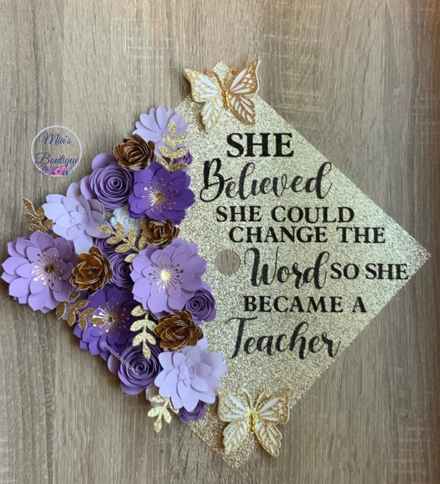 Custom Personalized Graduation Cap Topper Teacher Purple shades & Gold flowers with gold butterflies