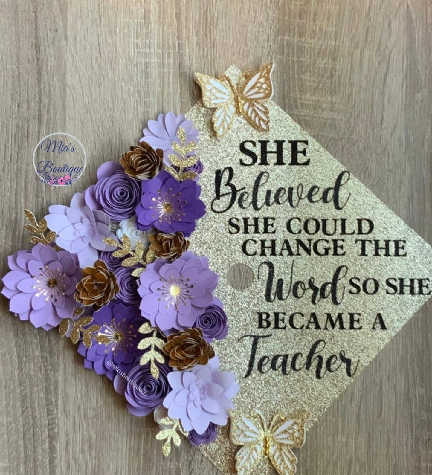 Custom Personalized Graduation Cap Topper Teacher Purple shades & Gold flowers with gold butterflies