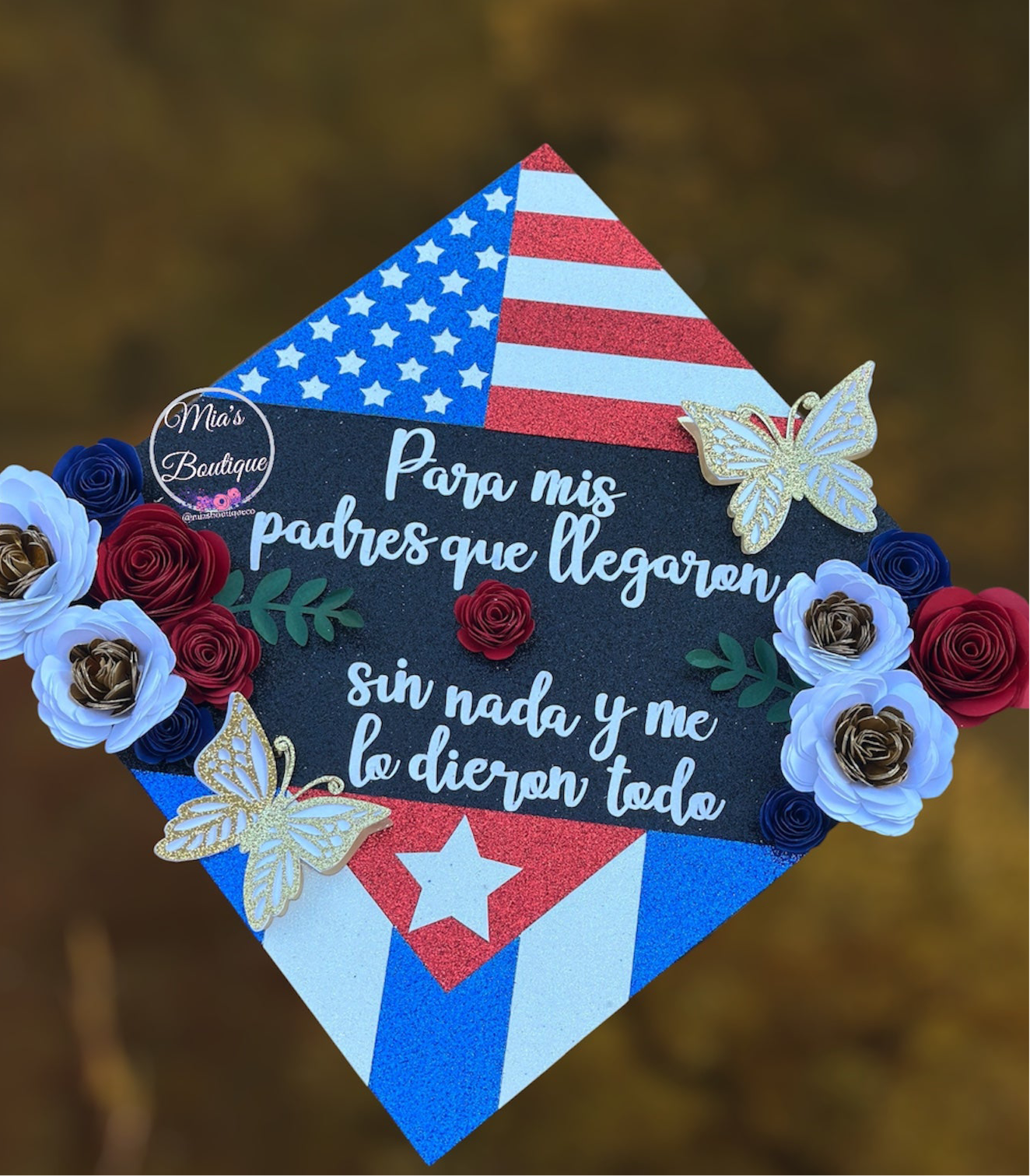 Custom Personalized Cuba Graduation Cap Topper Cuban Flag floral sunflowers Gold butterflies