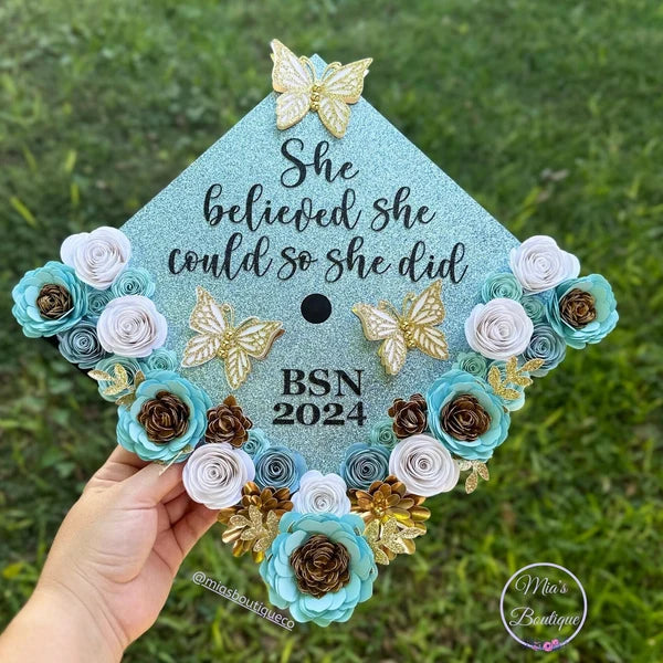 Custom Personalized Graduation Cap Topper Teacher shades & Gold flowers with gold butterflies