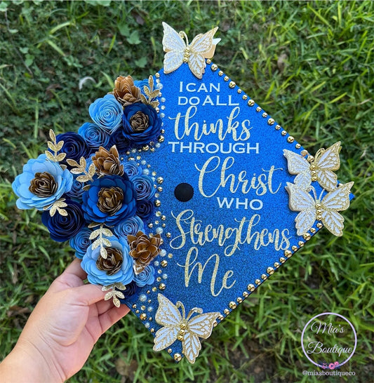 Custom Graduation Cap Topper Blue Flowers Gold Butterflies