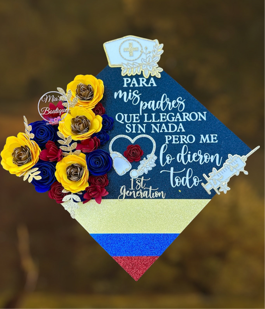 Custom Colombia Graduation Cap Topper Floral Sunflower Colombia Flag Hispanic Para Mis Padres