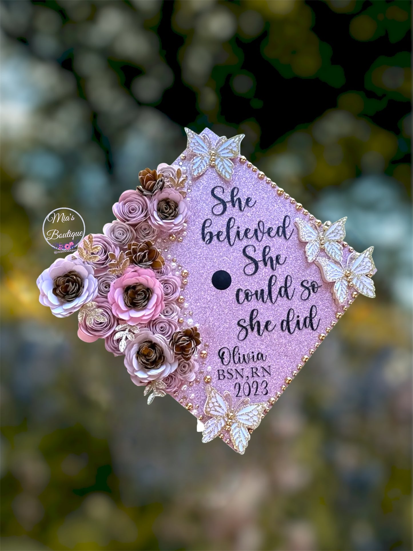 Custom Personalized Graduation Cap Topper Roses flowers with gold butterflies She believed
