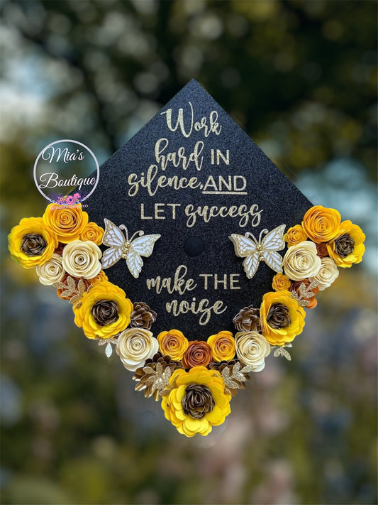 Custom Personalized Graduation Cap Topper Sunflowers Roses flowers with gold butterflies