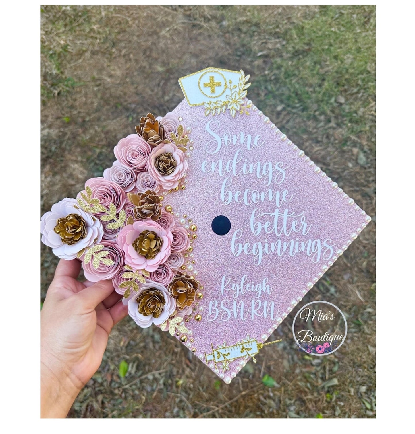Custom Personalized Graduation Cap Topper Nurse Sunflowers Pink Flowers Gold Butterflies Nurse Hat and Gold Syringe, Nurse Student Nurse Hat
