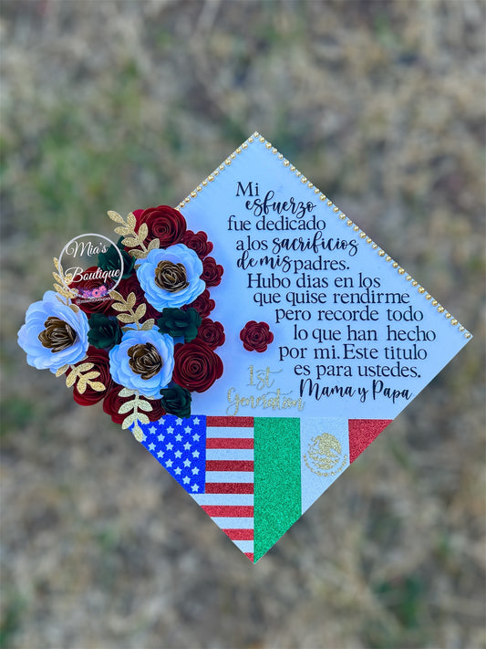 Custom Personalized Mexican Graduation Cap Flowers Sunflowers Roses Mexican Heritage Flag Mexico and USA Graduation Cap Para Mis Padres