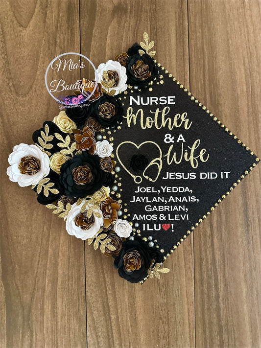 Custom Personalized Graduation Cap Topper Nurse White Black Flowers Gold Butterflies Nurse Student Grad Cap